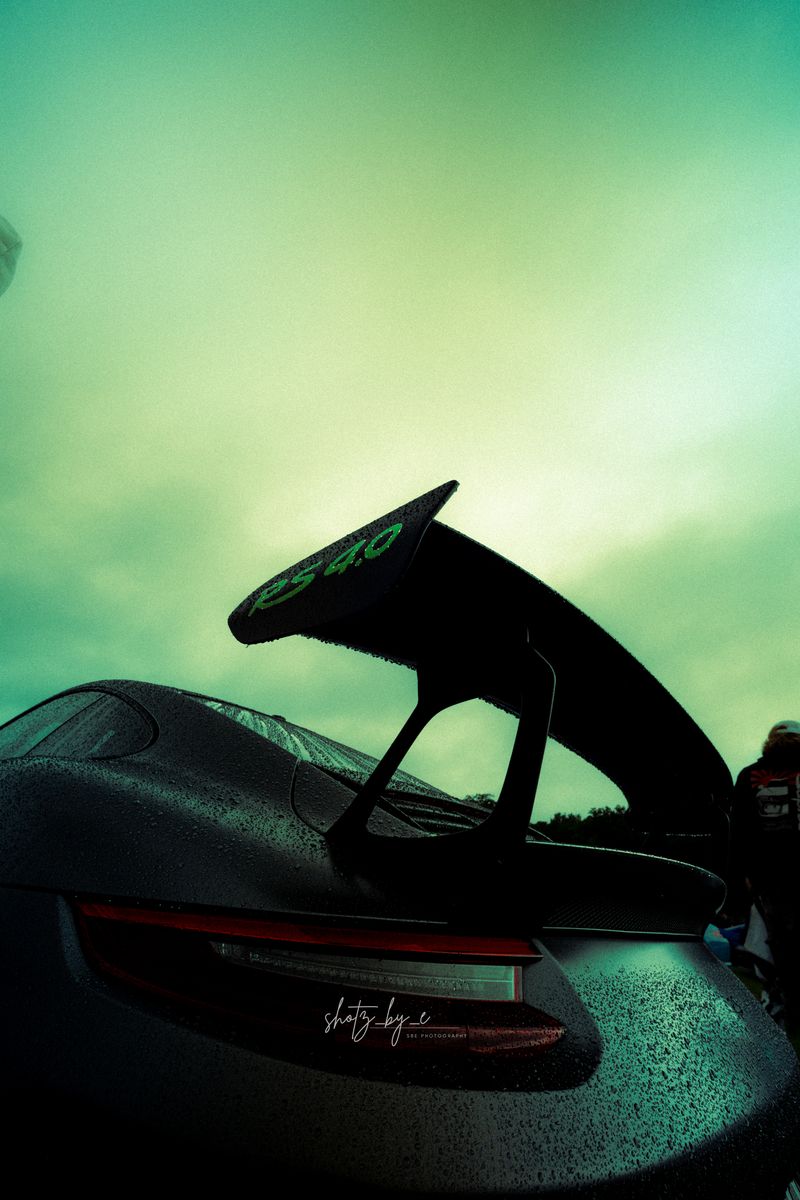 Porsche 911 GT3 RS 4.0 rear wing against a green sky